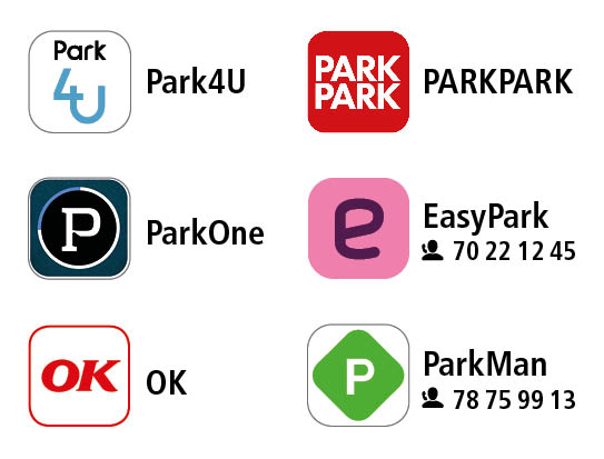 In the payment zone in Esbjerg, you can pay for parking with the following apps: PARKPARK, ParkOne, OK, Park4U, Easypark, and ParkMan.